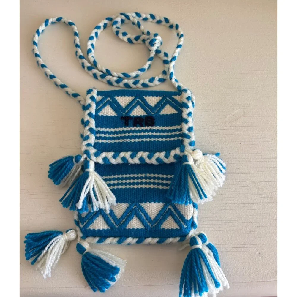 Tory Burch Woven Crossbody Phone Carrier Bag Blue & White - Picture 11 of 14